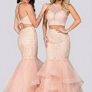 Envious couture Pink Beaded Lace Crochet and Tulle 2 Piece Gown Prom